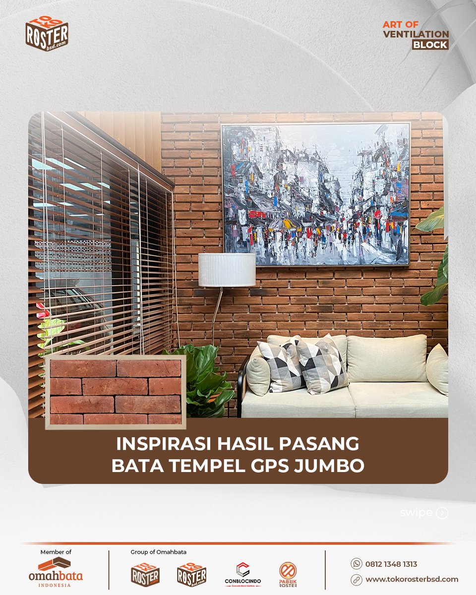 tokorosterbsd's tweet photo. Bata Tempel GPS Jumbo terlihat natural, cocok untuk konsep bangunan kamu yang ingin membuat konsep tropical industrial 🥰

Swipe postingan diatas untuk lihat inspirasi hasil pasang Bata Tempel GPS Jumbo 😍
__
Omahbata tempat cari Bata &amp; Roster #No1 di Indonesia. https://t.co/t1Z0RRqL5V