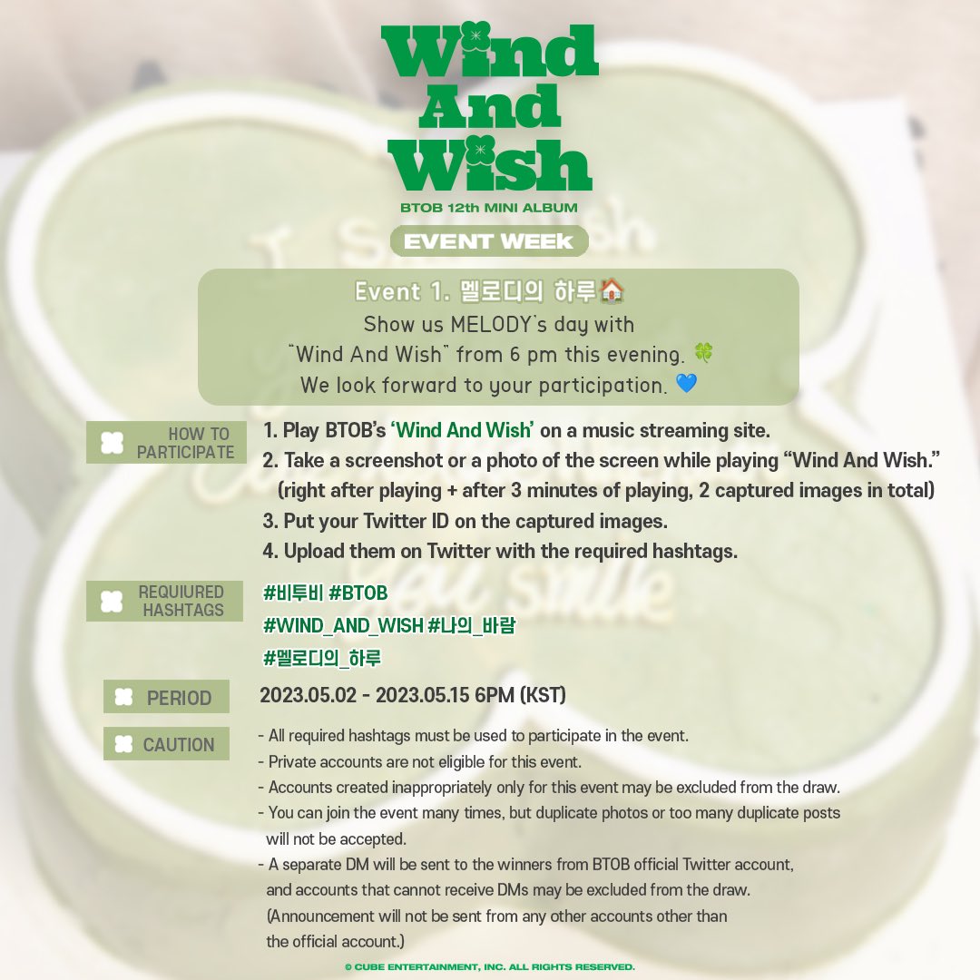 OFFICIALBTOB's tweet photo. [📢] 비투비 [WIND AND WISH] EVENT WEEK Event 1. 멜로디의 하루🏠

비투비가 행운과 행복을 들고 돌아옵니다!
오늘 오후 6시부터 [WIND AND WISH] 발매를 기념하여 스트리밍 이벤트를 개최합니다!
멜로디 여러분의 많은 참여 부탁드립니다💙
 
✔️ 참여기간: 5/2 6PM ~ 5/15 6PM (KST)
 
#비투비 #BTOB
#WIND_AND_WISH #나의_바람