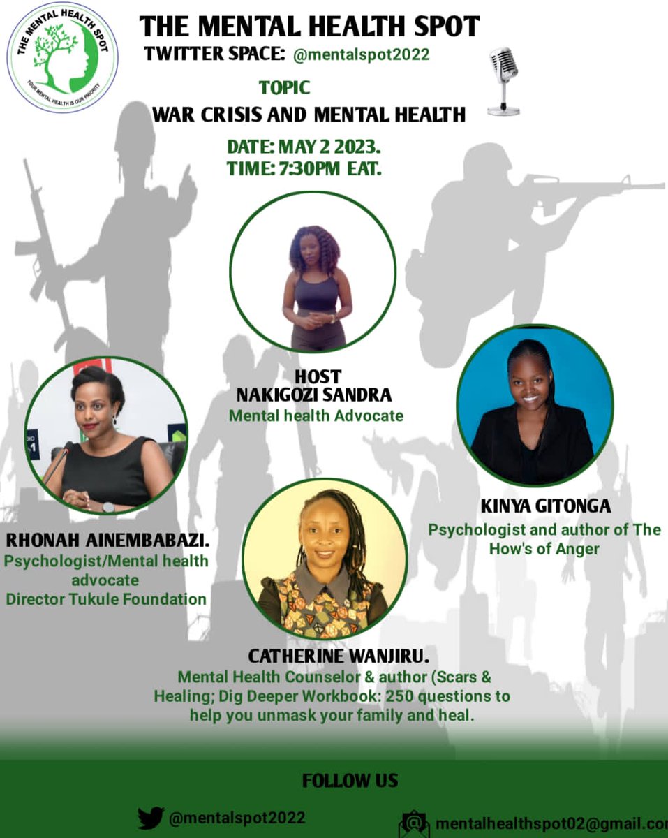 War is immensely disruptive and leads to both seen and unseen scars and pushes people into pits of depression, anxiety, and many conditions. Join us this evening as we talk more about war and mental health alongside @kiki_gitonga @IgnitewithAine courtesy of @mentalspot2022 🥰📌