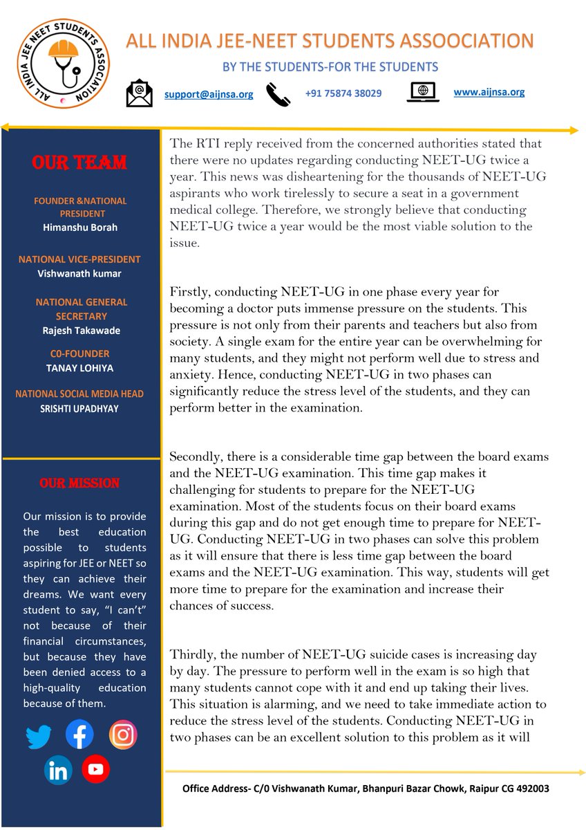 AIJNSA_official's tweet photo. @AIJNSA_official  team has submitted a representation to @MoHFW_INDIA, advocating for the conduction of NEET-UG twice a year from this year onwards. This can help reduce stress and anxiety among students, providing them with more opportunities to succeed." #neetpostpone2023 https://t.co/kERovQZf7X