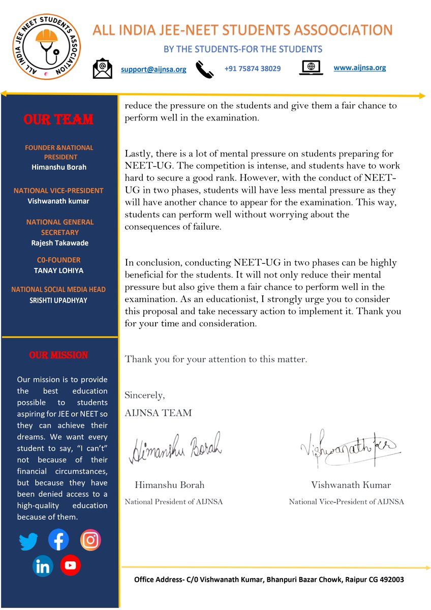 AIJNSA_official's tweet photo. @AIJNSA_official  team has submitted a representation to @MoHFW_INDIA, advocating for the conduction of NEET-UG twice a year from this year onwards. This can help reduce stress and anxiety among students, providing them with more opportunities to succeed." #neetpostpone2023 https://t.co/kERovQZf7X