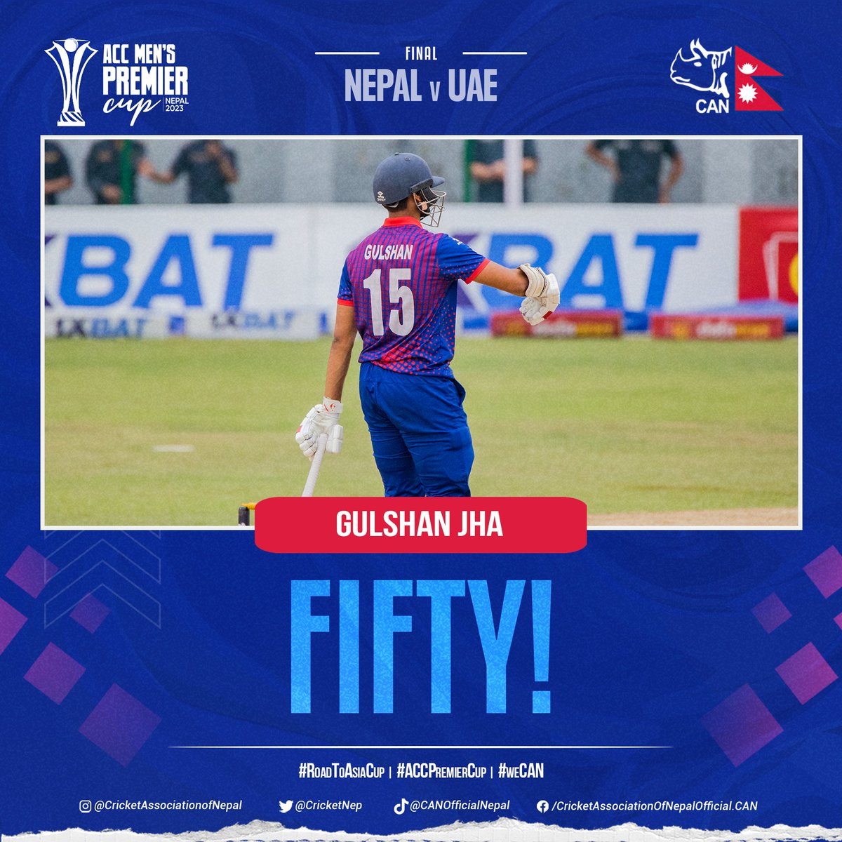 CricketNep's tweet photo. FIFTY for Gulshan Jha! His second in ODIs.
He is taking Nepal forward in the chase in our #RoadToAsiaCup!

#NEPvUAE | #ACCPremierCup | #weCAN https://t.co/EXsh0DbA24