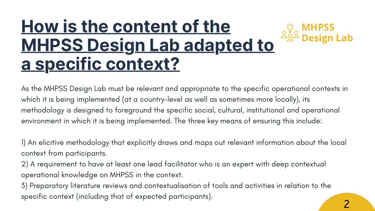 Why is Community-Based MHPSS important?
Why is the MHPSS Design Lab being developed / piloted?
What is the content of the MHPSS Design Lab?
How is this content adapted to a specific context?
<a href="/MHPSSDesignLab/">MHPSS Design Lab</a> #FAQ