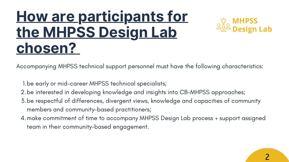 What will the pilot process entail?
What are the intended outcomes?
How are the participants for the MHPSS Design Lab pilot chosen?
<a href="/MHPSSDesignLab/">MHPSS Design Lab</a> #FAQ
