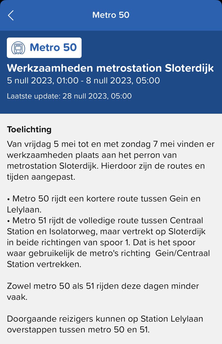 lrmelein's tweet photo. @GVB_klanten De vertrekschermen op station Postjesweg geven aan dat voor  Gein moet worden overgestapt op Lelylaan. Dat klopt niet, de werkzaamheden op Sloterdijk waren afgelopen weekend en gaan komend weekend verder (5-7 mei). Wellicht is dit verwarrend voor sommige mensen. https://t.co/oh3sIWlhTI