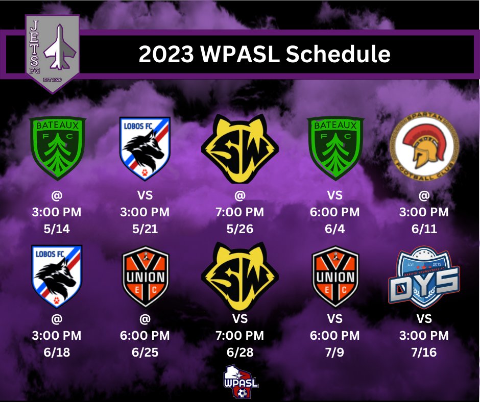 PoskinJetsFC's tweet photo. Season is upon us! Here is our official 2023 @WPASLsoccer Schedule! Mark the dates in your calendar and come support us!

Our season kicks off on May 14th at Bateaux F.C. 👀👀

#JETSFC #FlightClub ✈ #WPASLsoccer https://t.co/FJ9PVHv5kI