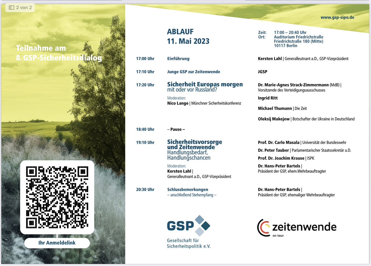 Konflikte&Sicherheit (@konflikt_sicher) on Twitter photo Die <a href="/GSPSipo/">Gesellschaft für Sicherheitspolitik e.V. (GSP)</a> bietet am 11.5. ab 17:00 Uhr ein interessantes Programm: Erste Podiumsdiskussion u.a. mit <a href="/MAStrackZi/">Marie-Agnes Strack-Zimmermann</a>, moderiert von@nicolange_, zweite u.a. mit <a href="/CarloMasala1/">Carlo "Realism, Gedankenfetzen and Rants" Masala</a> u. <a href="/petertauber/">Dr. Peter Tauber</a>, moderiert von <a href="/KerstenLahl/">Kersten Lahl</a>. Programm/Anmeldung finden sie hier:🔽
gsp-sipo.de/organisation/b… Die <a href="/GSPSipo/">Gesellschaft für Sicherheitspolitik e.V. (GSP)</a> bietet am 11.5. ab 17:00 Uhr ein interessantes Programm: Erste Podiumsdiskussion u.a. mit <a href="/MAStrackZi/">Marie-Agnes Strack-Zimmermann</a>, moderiert von@nicolange_, zweite u.a. mit <a href="/CarloMasala1/">Carlo "Realism, Gedankenfetzen and Rants" Masala</a> u. <a href="/petertauber/">Dr. Peter Tauber</a>, moderiert von <a href="/KerstenLahl/">Kersten Lahl</a>. Programm/Anmeldung finden sie hier:🔽
gsp-sipo.de/organisation/b…