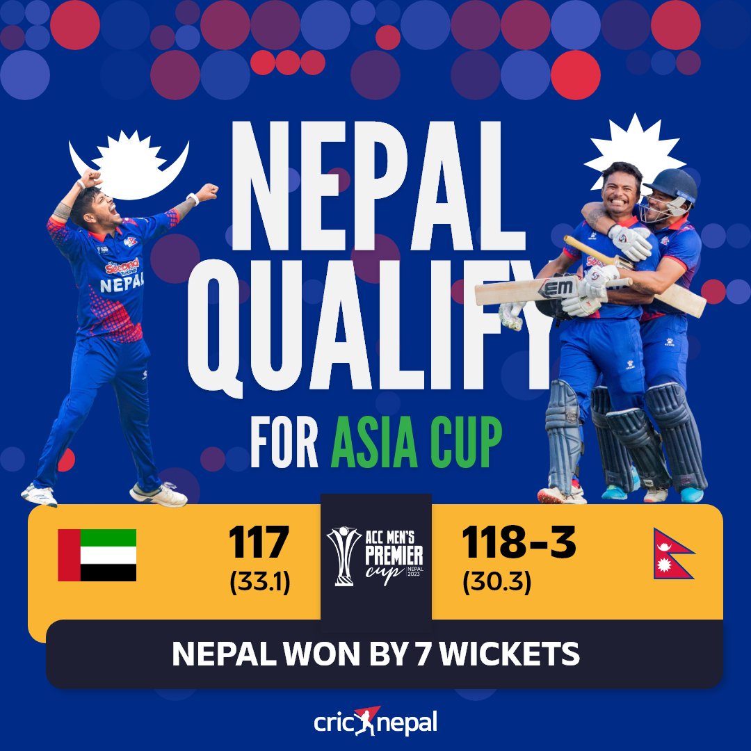 cricnepal's tweet image. What a historic day for Nepal, winning the final in the reserve day and qualifying for the Asia Cup. Who would have dreamt off this few months ago. Extra-ordinary allround display by this young team under Monty Desai. 

#NEPvUAE #ACCPremierCup