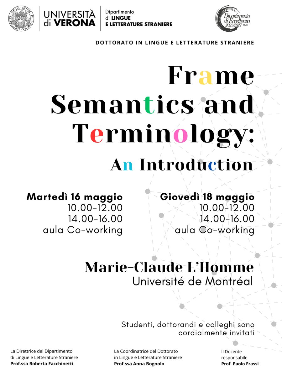 dills_univr's tweet image. Martedì 16 e giovedì 18/5 in aula Co-Working il seminario &quot;#FrameSemantics and #Terminology: an introduction&quot; tenuto dalla Prof.ssa Marie-Claude L&apos;Homme dell&apos;@UMontreal che sarà #visitingprofessor del dipartimento. 
Iniziativa promossa dal Prof. Frassi nel percorso di #Dottorato.