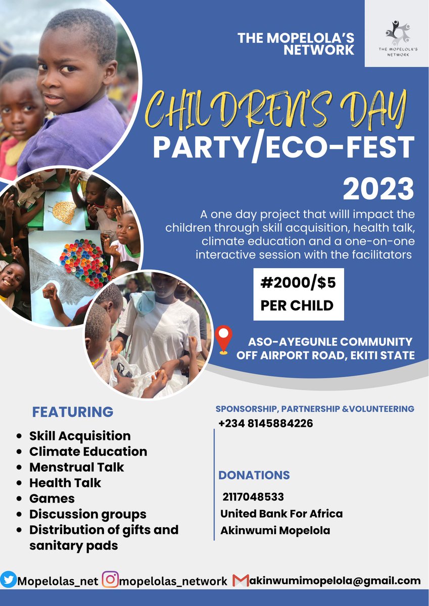 Children’s Day party/Eco-Fest 2023!!! 

This is a one day project that will impact the children through skill acquisition, health and climate education.
It will also create memories and promotes sustainability at the same time.
#ChildrensDay #EcoFestival #SustainableLiving
