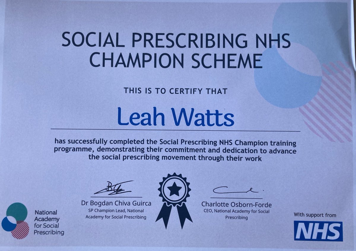 Thank you @NASPTweets I am very fortunate that my practice is big on social prescribing and I use it on a regular basis when completing chronic health reviews #socialprescribing #nursingassociate #generalpractice #gpnsnn