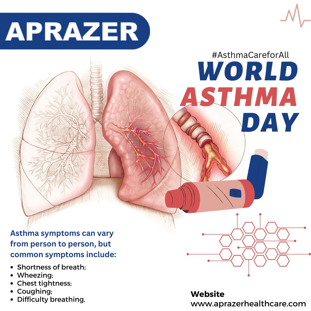 AprazerHealthc1's tweet photo. World Asthma Day #AsthmaCareforAll
Asthma symptoms can vary from person to person, but common symptoms include:

👉🏻 Shortness of breath;
👉🏻 Wheezing;
👉🏻 Chest tightness;
👉🏻 Coughing;
👉🏻 Difficulty breathing.

#aprazerhealthcare #aprazercare #aprazer #health #care #medicine https://t.co/xIHqjQZ0GZ