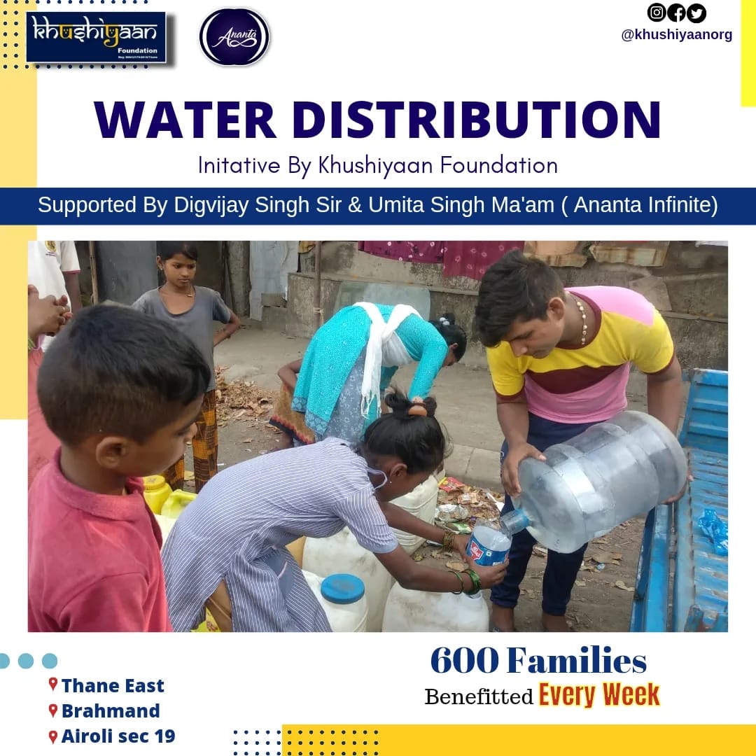 Khushiyaan_Org's tweet photo. 𝙒𝙖𝙩𝙚𝙧 𝘿𝙞𝙨𝙩𝙧𝙞𝙗𝙪𝙩𝙞𝙤𝙣💧

Location - Thane East, Airoli Sector-19 &amp; Brahmand 

600 families at our Mumbai Rotighar slums are benefitted with clean drinking water weekly.

#ANANTAKhushiyaan #boond #water #spreadlove #love #blue #mumbai #waterdistribution https://t.co/N8wKnGk0vY