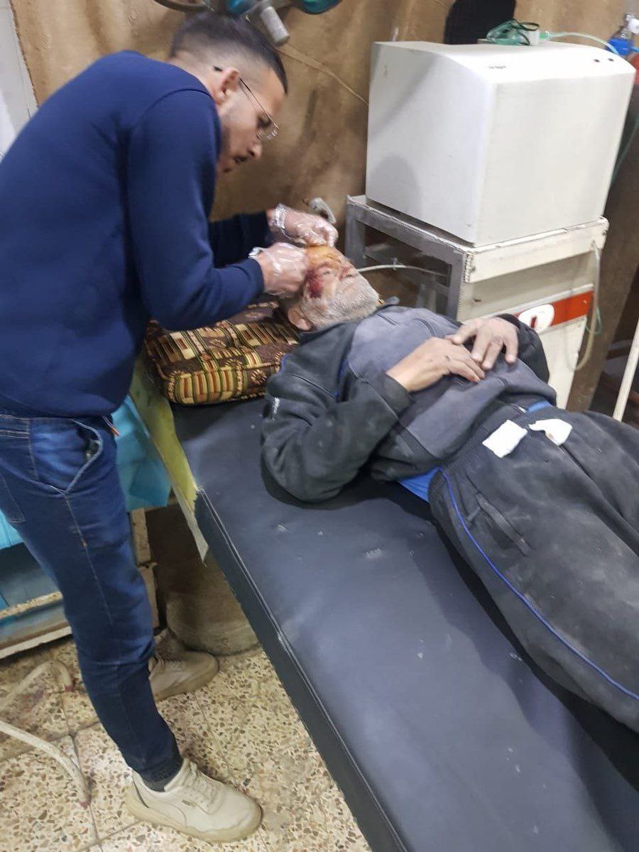 Elderly #Syrian civilian injured in #Israel bombing of  #Aleppo this morning. It is reported that #Israel not only temporarily closed Aleppo international airport (humanitarian lifeline) but also targeted humanitarian relief centres for earthquake victims. Terrorist state.