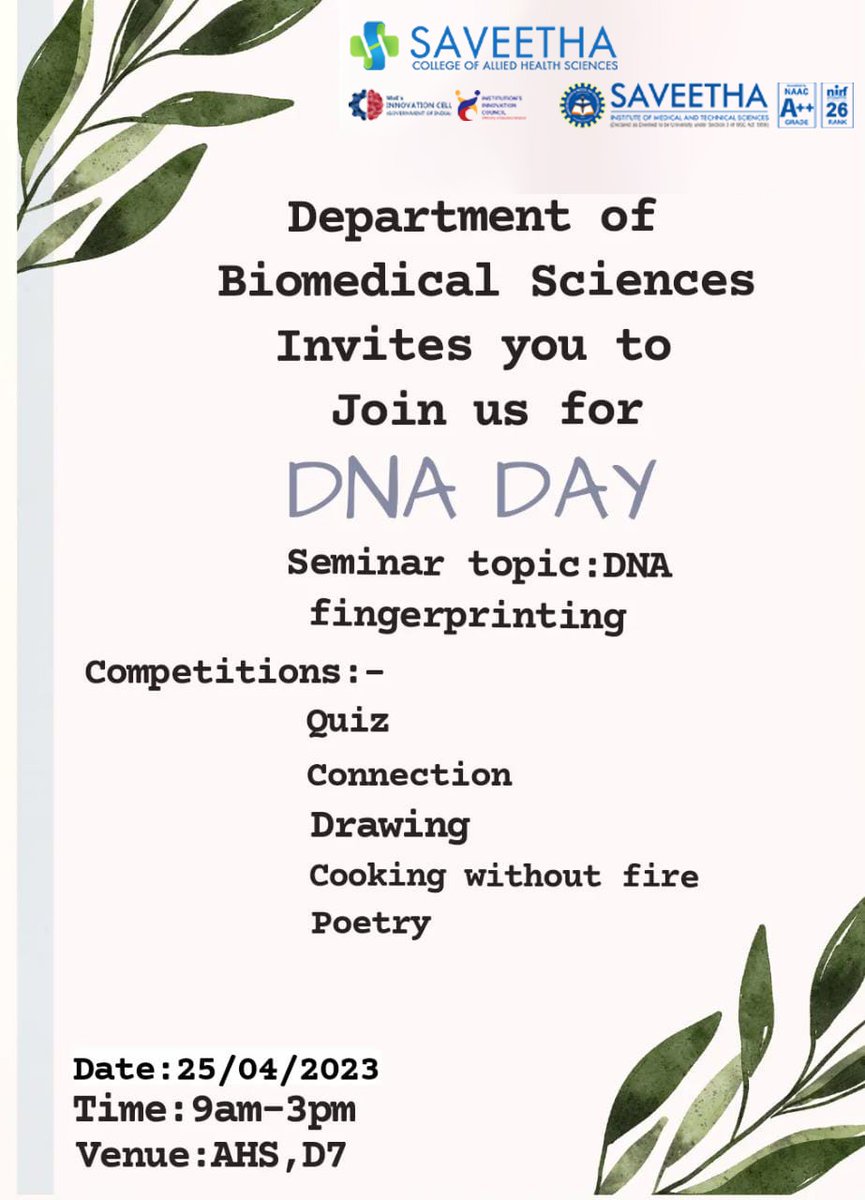 SIMATS_IIC's tweet photo. Saveetha College of Allied Health Sciences celebrated World DNA Day on 25th April 2023. Various Various exciting competitions were conducted and students actively participated and exhibited their talents.
#scahs #iic #simats #mhrdinnovationcell #saveethabreeze #Vicechancellor https://t.co/TpQCBElxrZ