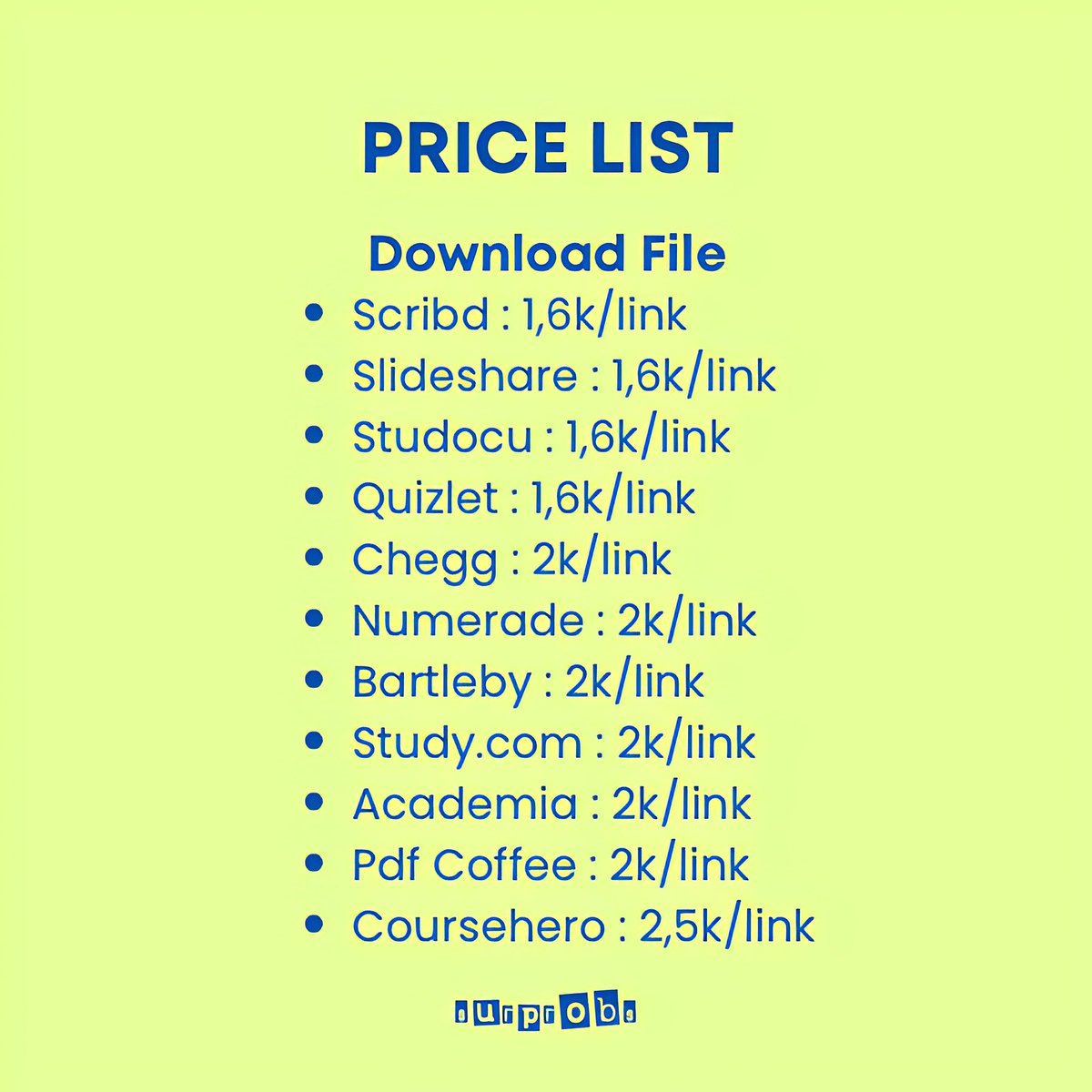 surprobs's tweet photo. Updated Pricelist for unlock/unblur/buy account scribd, studocu, coursehero, quizlet, chegg, academia, dll https://t.co/iar4SUX8Wz