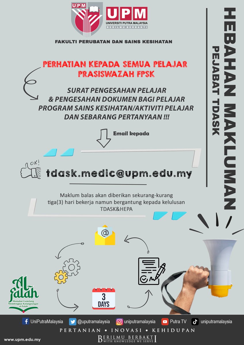 BHEP FPSK UPM (@bhepfpsk) on Twitter photo 📌HEBAHAN MAKLUMAN PEJABAT TDASK📌
Sebarang surat pengesahan pelajar & pengesahan dokumen bagi Program Sains Kesihatan/ aktiviti pelajar dan sebarang pertanyaan perlulah diemailkan kepada tdask.medic@upm.edu.my 📌HEBAHAN MAKLUMAN PEJABAT TDASK📌
Sebarang surat pengesahan pelajar & pengesahan dokumen bagi Program Sains Kesihatan/ aktiviti pelajar dan sebarang pertanyaan perlulah diemailkan kepada tdask.medic@upm.edu.my