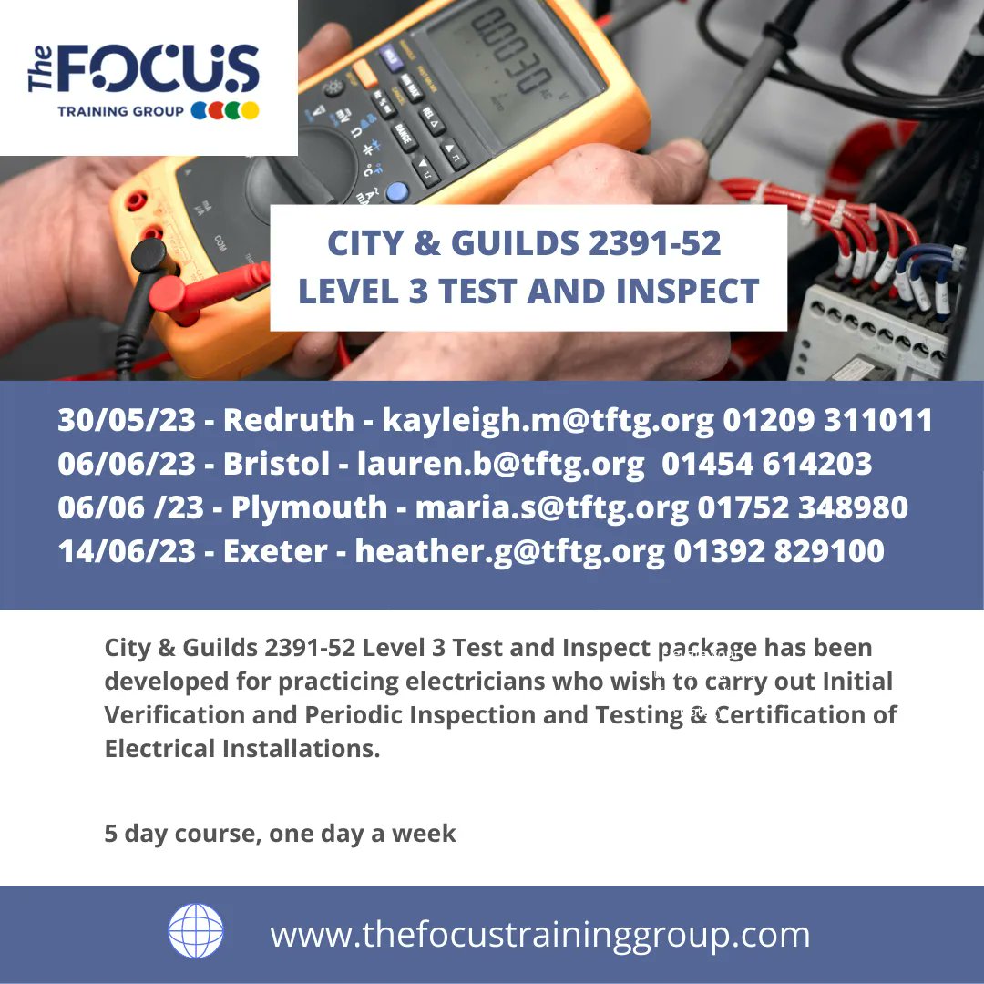 Book Now for the 2391-52 Level 3 Test & Inspect course in your area
buff.ly/2Bz3UwP

#testandinspect #cityandguilds #electrician #electricianlife #electricaltraining #electricianstuff #trainingprovider #focus