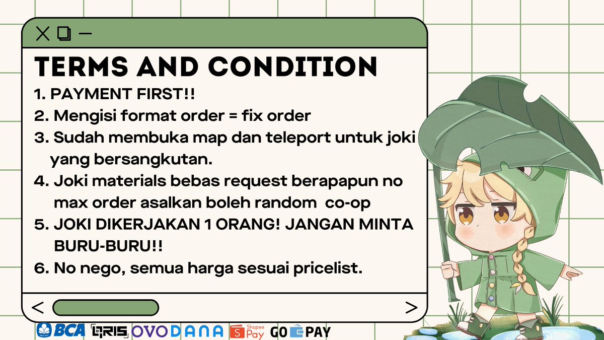 nyaetherr's tweet photo. ˏˋ°•*⁀➷ JOKI GENSHIN IMPACT🌿

hai!! aku buka jasa joki genshin impact untuk kalian yang kesusahan, sibuk, atau mager genshin nih🤩 harganya terjangkau dan sudah pasti trusted!!

➸ rawat akun
➸ quest &amp; boss
➸ farming materials
➸ fishing
➸ lain-lainnya

order via DM / WA https://t.co/nAFt3hf7Ty