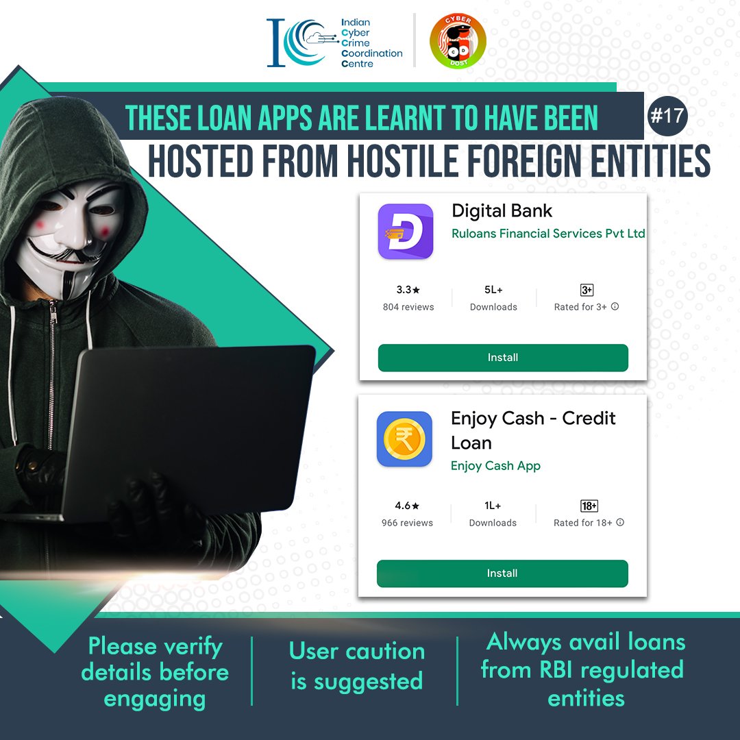 Cyberdost's tweet photo. Verify details of apps before engaging. These apps are learnt to have been hosted from hostile foreign entities. If you are a victim of cybercrime #Dial1930 &amp; file a complaint on https://t.co/cr6WZMOi4c
#CyberDostFactCheck
#InstantLoanApps
#LendingApps
#Mobile
@RBI  @GooglePlay https://t.co/ijOADpWBhz
