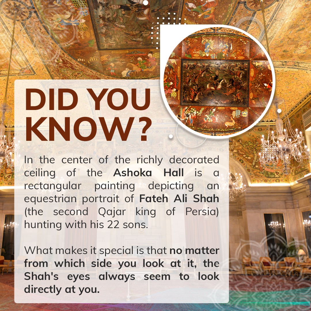 RBVisit's tweet image. The painting, made in Persian style, was gifted by Fateh Ali Shah. 

Among the floral #frescoes on the ceiling, this #painting was directly installed in the State Ballroom of the Viceroy’s House, which is now the #AshokaHall of #RashtrapatiBhavan.

@rashtrapatibhvn 
#DidYouKnow