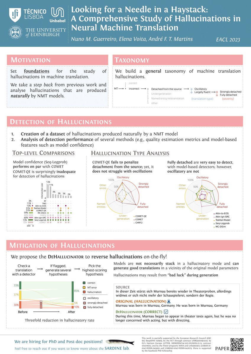 Thrilled to be at #EACL2023 this week! Join me on Wednesday (9am local time) as I present our research (w/ @lena_voita and @andre_t_martins) on hallucinations in neural machine translation!