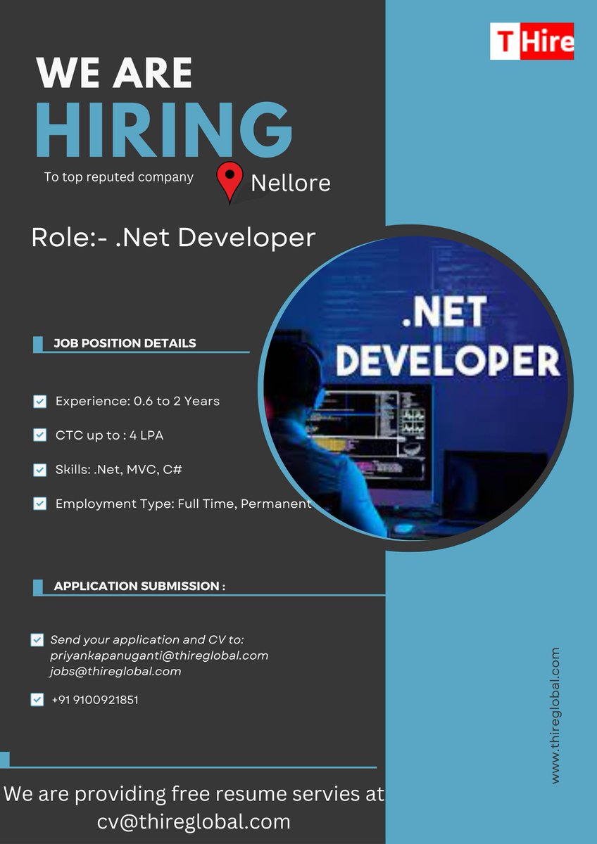 thireglobal's tweet image. Dear All,
Greetings from Thire Global Services...!
 
We have wonderful Opportunity with .Net Developer in Top reputed Company.
 
If you are interested, please send me your resume to Jobs@thireglobal.com &amp;amp; mis@thireglobal.com
 
Click Here: lnkd.in/g6tXP-Yd
#dotnetdevelope