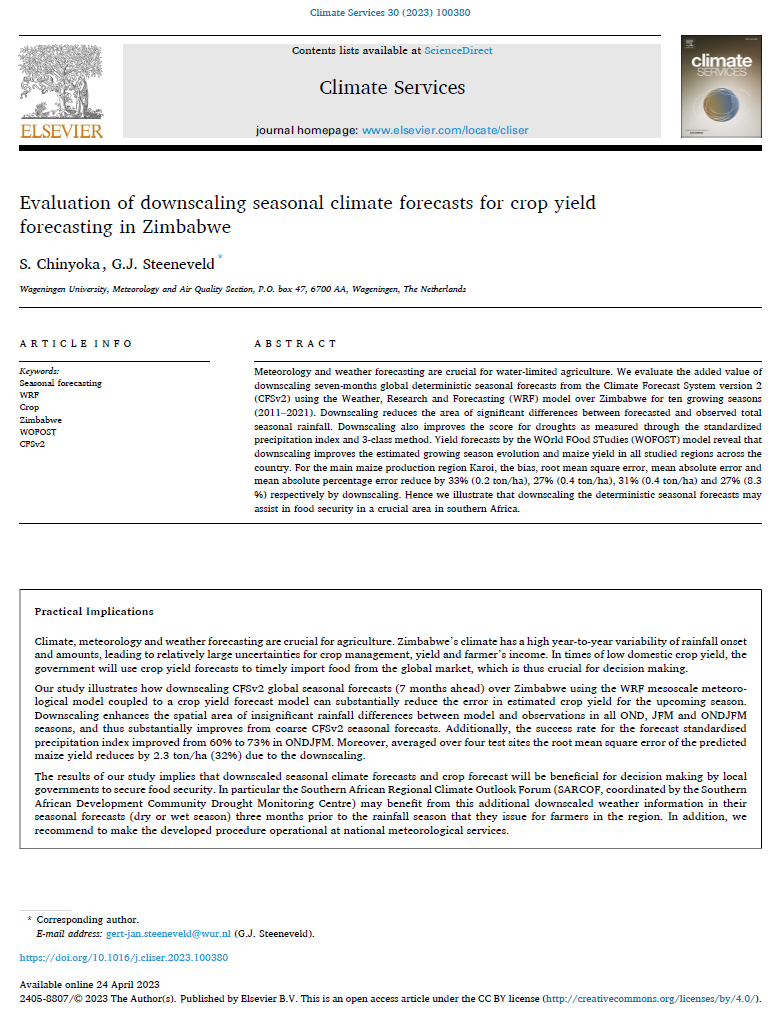 gjsteeneveld's tweet photo. New #paper out with @shalomesinclair ! We show how #downscaling with #WRF of the 7-month CFSv2 seasonal forecast can improve the #drought #forecast and #maize yield estimates (#WOFOST) for #Zimbabwe Important for #food #security. https://t.co/dUsu0CVXQp https://t.co/04a00S5FOJ
