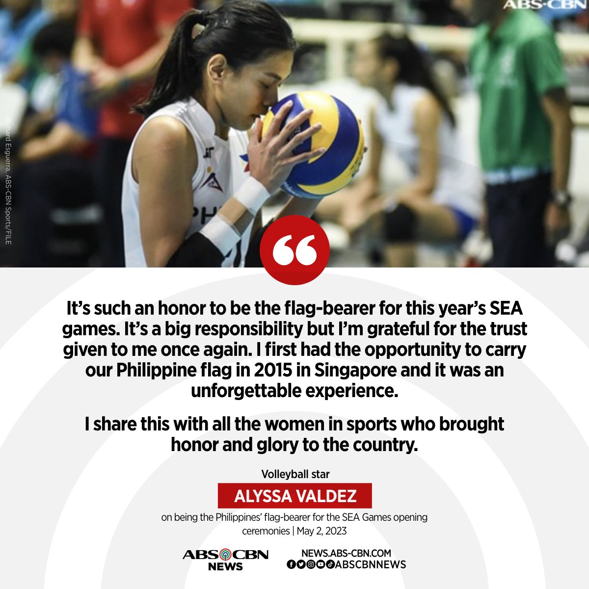 ABSCBNNews's tweet photo. Para kay Alyssa Valdez, malaking karangalan na muling itaas ang bandila ng Pilipinas sa SEA Games. 🇵🇭

Basahin: https://t.co/mLLjEmusgd https://t.co/nk57LF2lok