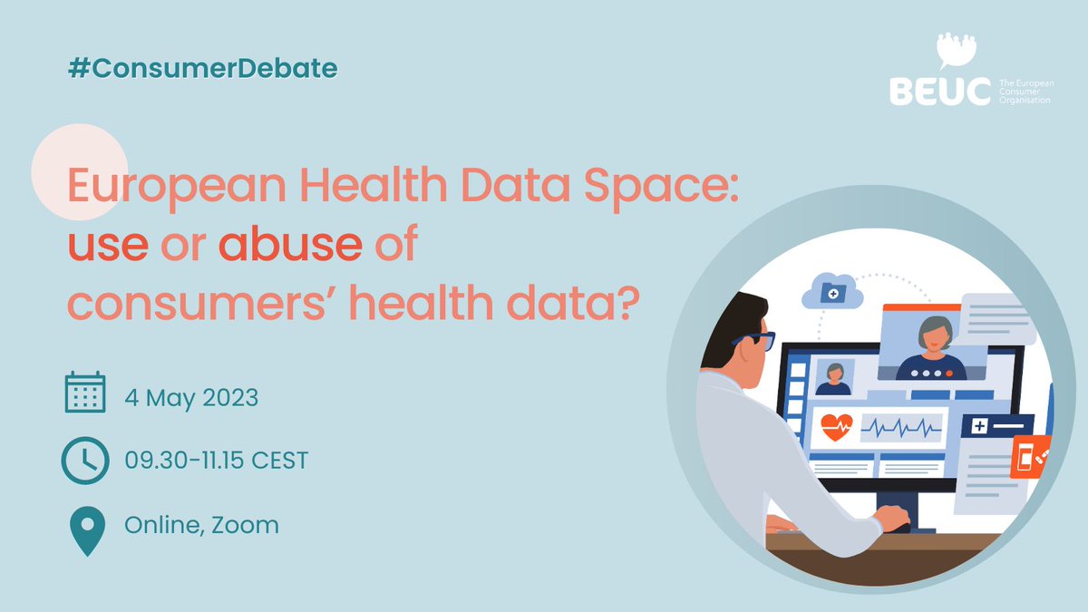beuc's tweet photo. Don't miss out! George Veliotes (@InsuranceEurope) will be our final panelist for #ConsumerDebates on the European Health Data Space. Register now before it's too late and join us on 4 May: https://t.co/kD6xaC6MwX https://t.co/QKi6Dl3MrK