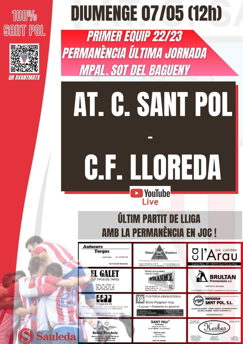 AVANTMATX!

⚽️ <a href="/atcsantpol/">AT.C. SANT POL</a> - <a href="/CFLloreda/">C.F. Lloreda</a>

🏆 Permanència #2cat J6
🗓 Diumenge 07/05/23 12h
📍Mpal. Sot del Bagueny
📲 Directe per Youtube

Última Jornada de lliga! 

👉 santpolpedia.com/p/resultats_2.…

Segueix-nos!
<a href="/santpolpedia/">Santpolpèdia</a>

#2cat2b #futcat #santpol