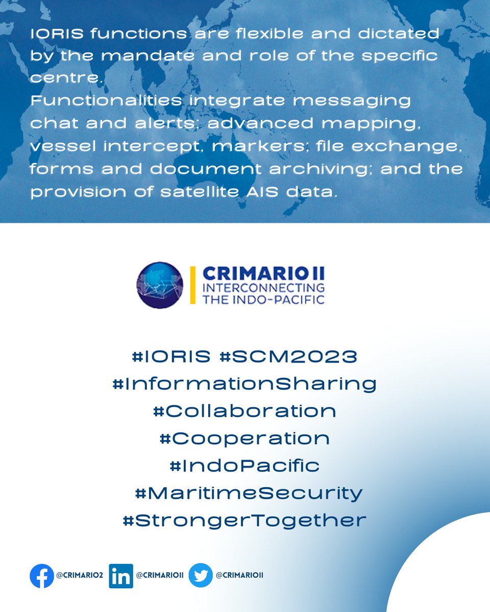 CrimarioII's tweet photo. #IORIS #SCM2023 is happening this month, 24-25 May.

#IORIS contributes to foster #informatiosharing, enhance #cooperation and #coordination aiming to improve #maritimesecurity in the #IndoPacific region, #strongertogether.
@eu_eeas @expertisefrance @kemenkomarves https://t.co/4uUgxgCeJp