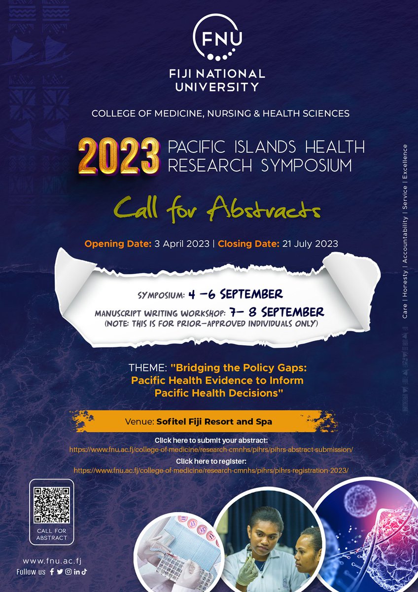 Fiji Institute of Pacific Health Research (@healthfiji) on Twitter photo 📢#PIHRS2023 Call for #Abstracts ends on the 21st July
Submit and Register for this year's "Bridging the Policy Gaps: #Pacific #HealthEvidence to Inform Pacific #HealthDecisions" at the Sofitel's Fiji Resort & Spa 4-6 September
#Innovative #Impactful <a href="/FNUFijiMedical/">FNU College of Medicine, Nursing and Health Sci</a> <a href="/FNUFiji/">Fiji National University</a> 📢#PIHRS2023 Call for #Abstracts ends on the 21st July
Submit and Register for this year's "Bridging the Policy Gaps: #Pacific #HealthEvidence to Inform Pacific #HealthDecisions" at the Sofitel's Fiji Resort & Spa 4-6 September
#Innovative #Impactful <a href="/FNUFijiMedical/">FNU College of Medicine, Nursing and Health Sci</a> <a href="/FNUFiji/">Fiji National University</a>