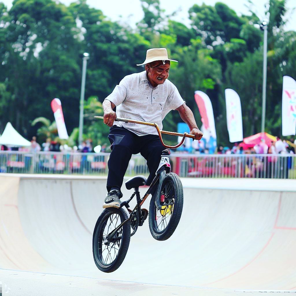 jangantaggedlaa's tweet photo. Play with AI image generator from Bing Dall-E. 

Prompts: create images of Malaysian old man play BMX backflip freestyle in xtreme competition

Image wajah dari Dall-E masih tak sesempurna Midjourney tapi cukup untuk memberikan idea gambaran terhadap sesuatu situasi. https://t.co/lPFT1rqylc