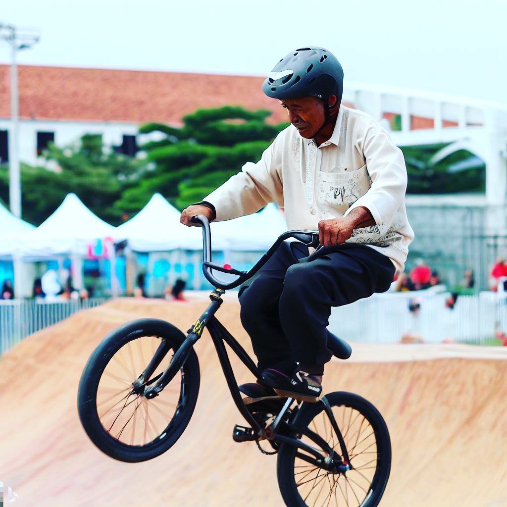 jangantaggedlaa's tweet photo. Play with AI image generator from Bing Dall-E. 

Prompts: create images of Malaysian old man play BMX backflip freestyle in xtreme competition

Image wajah dari Dall-E masih tak sesempurna Midjourney tapi cukup untuk memberikan idea gambaran terhadap sesuatu situasi. https://t.co/lPFT1rqylc