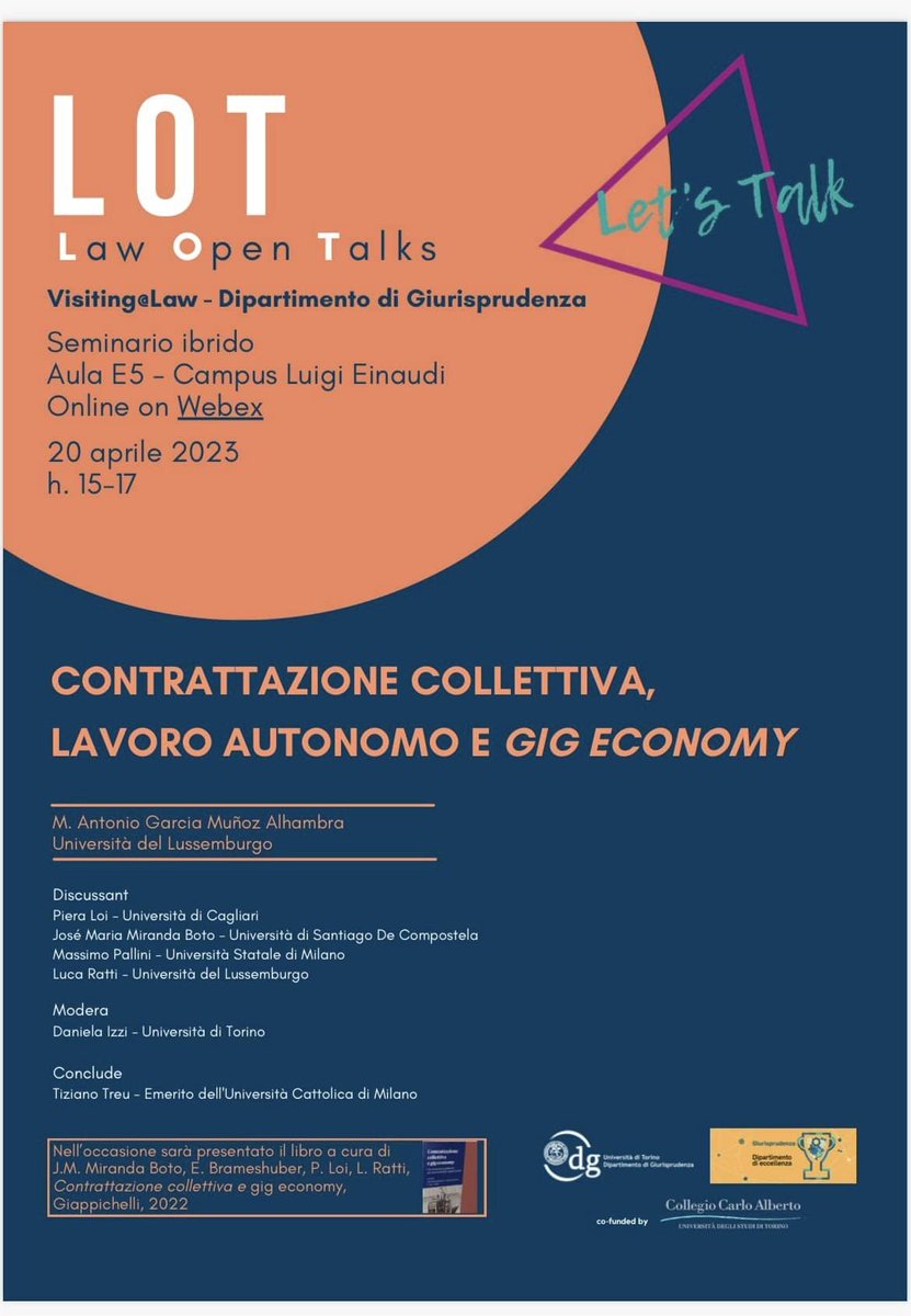 Si queréis revisitar nuestro interesantísimo seminario CONTRATTAZIONE COLLETTIVA, LAVORO AUTONOMO E GIG ECONOMY con Antonio García-Muñoz Alhambra,  @pieraloi, <a href="/LucaRatti15/">Luca Ratti</a>, Massimo Pallini y Tiziano Treu, tenéis aquí el enlace: unito.webex.com/webappng/sites…