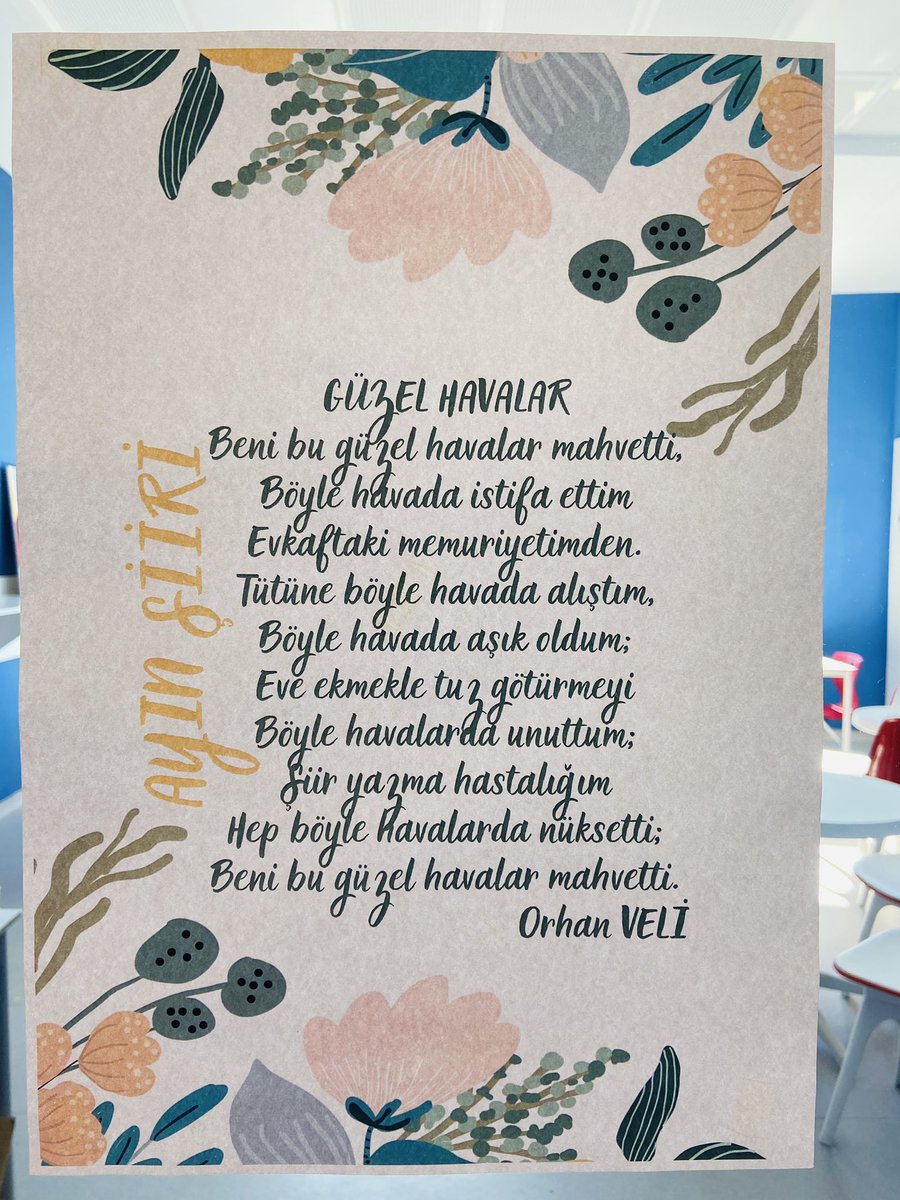 Mayıs ayının şiiri Orhan Veli’den:
“Beni bu güzel havalar mahvetti.”
               💐🌺🌸🌼🪷🌻
#şiirokulda
#ŞiirBahçeşehirde
#OrhanVeli

<a href="/tugbaaktas2015/">Tuğba Aktaş Cihanoğlu</a> 
<a href="/dogusarinan/">Doğuş Arınan</a> 
<a href="/KadriGuvenc/">Kadri Güvenç</a> 
<a href="/BK_Kirklareli/">BK Kırklareli Kampüsü</a> 
@Selenozdere