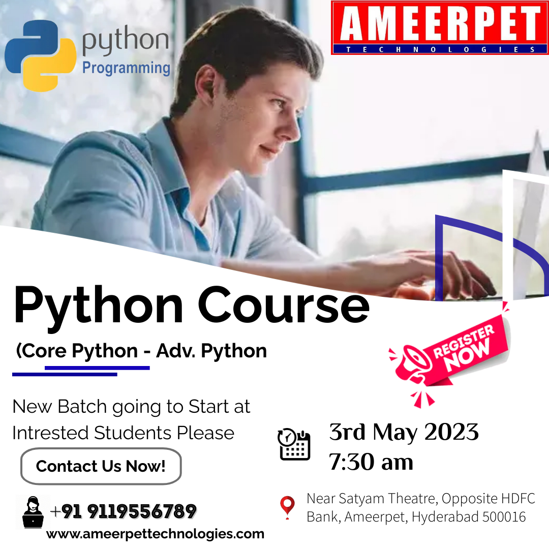 AmeerpetTechno1's tweet image. Online + Offline Training Classes
Python Course (Core Python - Adv. Python)
Link : zoom.us/j/88487179672
Password : 112233
Register Now: ameerpettechnologies.com
#ameerpettechnologies #corepython #advancepython #javadeveloper #Hyderabad #pythonprogramming