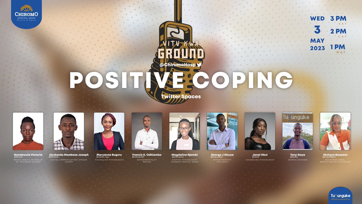We're hosting a Twitter Spaces conversation on 'POSITIVE COPING' and how we can promote healing and recovery using positive coping.

This coming Wednesday from 3PM 

Join us for a #VituKwaGround Twitter Spaces to hear from experts and share your own experiences. 

#Tufunguke