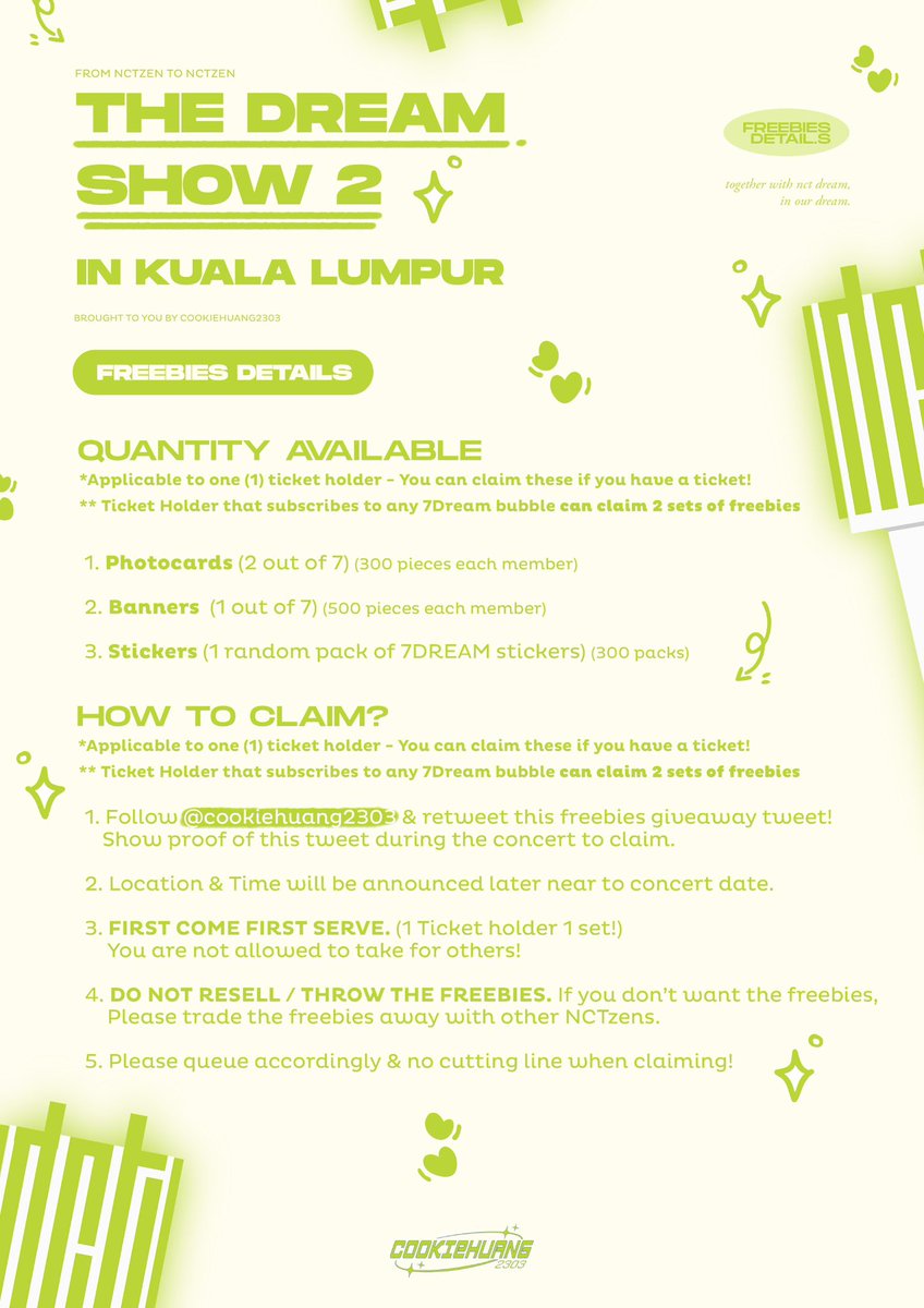 cookiehuang2303's tweet image. Freebies for The Dream Show 2 in KL on the 20th May 2023! 

💛 Time/ Outfit/ Location update on the day.
💛 Pls read the rules/mechanism beforehand.
💛 Do tag us once you receive it!
💛 No DM spam. 

#NCTDREAM_THEDREAMSHOW2_in_KL #TDS2inKL