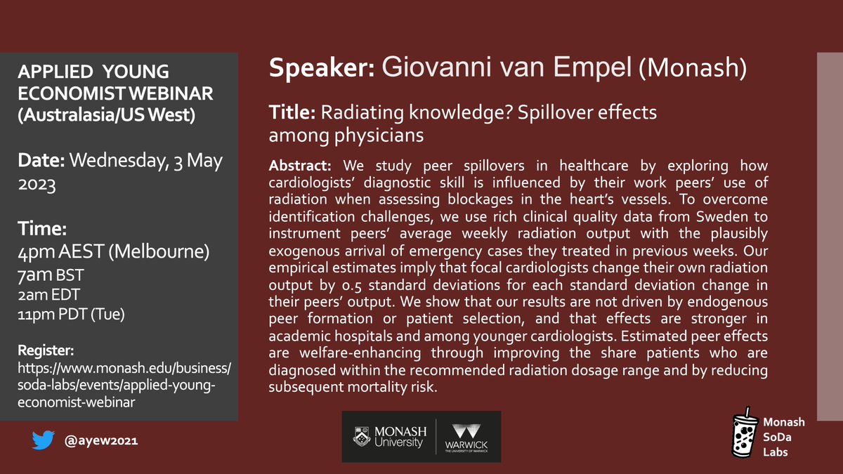 Applied Young Economist Webinar (@ayew2021) on Twitter photo TOMORROW (3 May) on Applied Young Economist Webinar
Join us at 4pm AEST (7am BST) to listen to <a href="/Giovanni_Empel/">Giovanni van Empel</a> (<a href="/CHE_Monash/">Centre for Health Economics-Monash Business School</a>)
Sign up for Zoom details: monash.edu/business/resea… TOMORROW (3 May) on Applied Young Economist Webinar
Join us at 4pm AEST (7am BST) to listen to <a href="/Giovanni_Empel/">Giovanni van Empel</a> (<a href="/CHE_Monash/">Centre for Health Economics-Monash Business School</a>)
Sign up for Zoom details: monash.edu/business/resea…