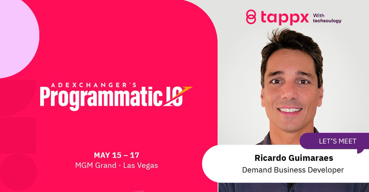 tappx's tweet image. Anyone attending #ProgrammaticIO Las Vegas next May 15-17? 

Don&apos;t miss the opportunity to talk to Ricardo Guimaraes at the MGM Grand! Contact us to say hi and find a slot to catch up! 📆 

#PROGIO  #AdExchanger #adtech #programmatic #digitalmarketing