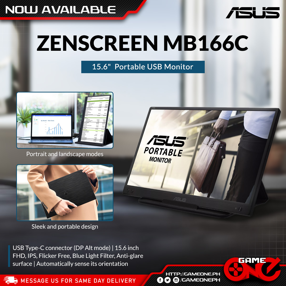gameoneph's tweet image. Increase your productivity on-the-go with the Asus Zenscreen MB166C portable monitor. Use it as a secondary or primary monitor for your portable devices, and work anywhere with ease.

🛒 gameone.ph/asus-zenscreen…
#asus #asuszenscreen #portablemonitor