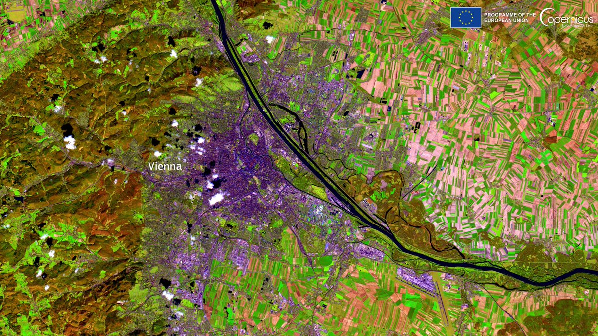 Good morning, Austrian friends 👋

#DYK Vienna has the oldest still operating Ferris wheel in the world? 🎡

⬇️This #Copernicus #Sentinel2🇪🇺🛰️ image from 22 April shows you #Austria's capital 🇦🇹, surrounded by crops