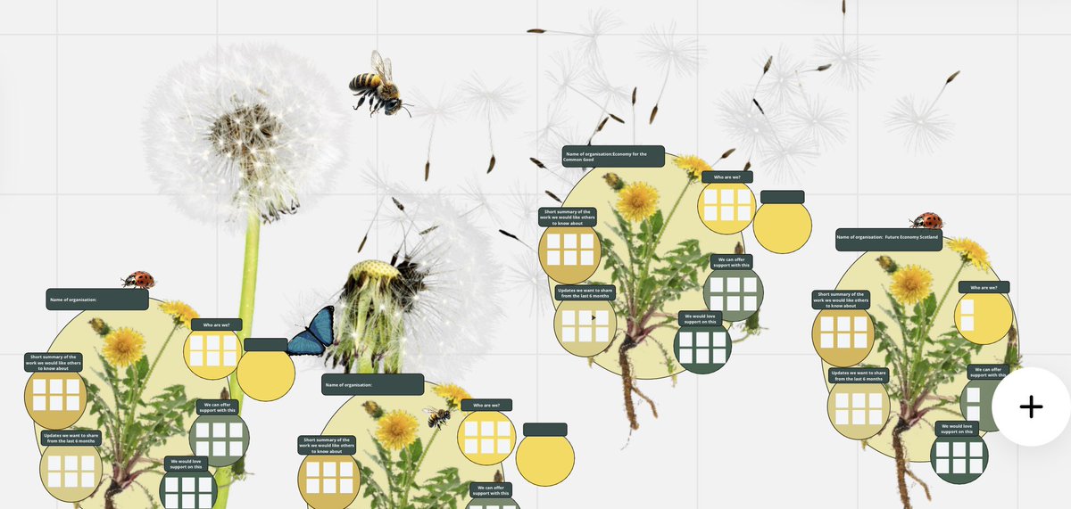 MonaEbdrup's tweet photo. Last week team @irisandbirch w @suzyGlass &amp; @Kachel facilitated a whole day event w @CassieRobinson &amp; @SophieMcKec for Partners for New Economy 🐝 

We dropped in 70+ dandelions to a Miro board and hosted many important conversations about transforming our economy 🌼 https://t.co/sIkHGMU9Qd