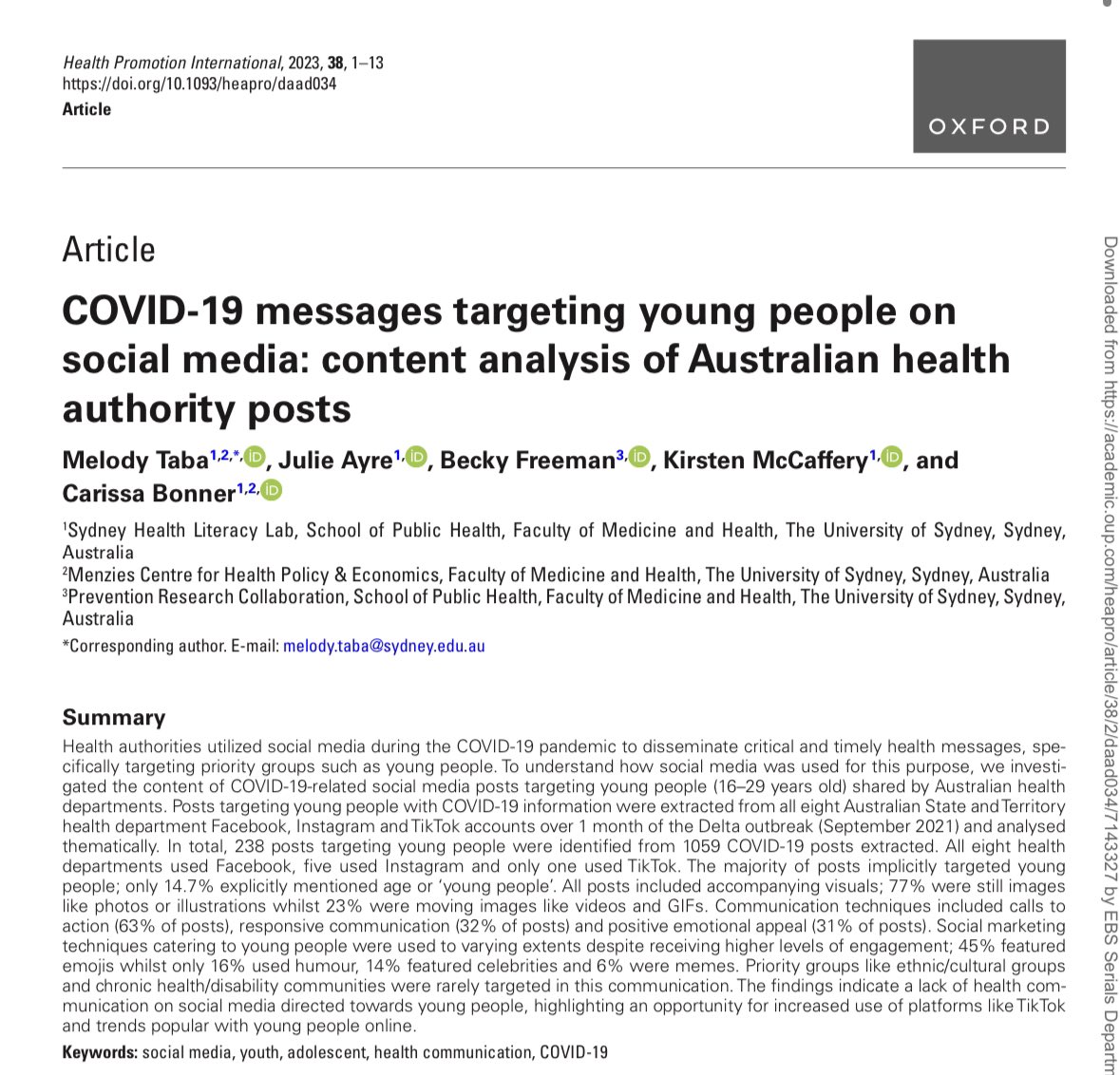 1st PhD paper out now‼️

Want to know how health authorities used social media to target young people with COVID-19 messages?

We found they all used #Facebook but rarely used platforms young people actually use like #Instagram and #TikTok 🤳🏽

Read more ➡️ academic.oup.com/heapro/article…