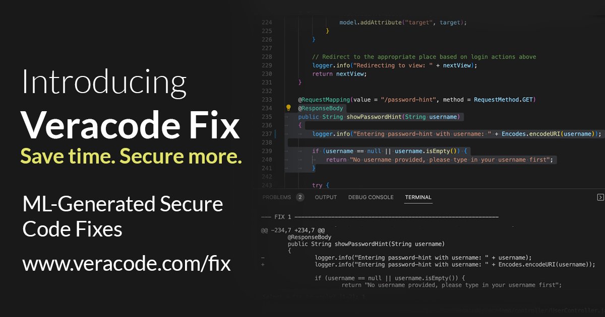 BIG news at Veracode. We've announced #VeracodeFix - the future of intelligent software security.

Veracode Fix generates fixes for #securityflaws in your custom code and vulnerable dependencies with the power of AI and machine learning.

Discover more below!