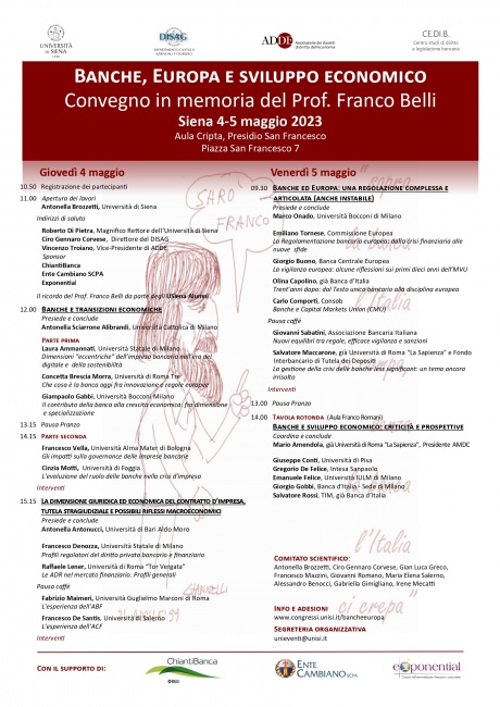 📌4-5/5. Convegno "#Banche, Europa e sviluppo economico" in memoria del prof. #FrancoBelli.
Aula Cripta del Complesso didattico San Francesco – Siena.
Per partecipare occorre l’iscrizione online:
➡️ bit.ly/42jNLSB
#Università #Siena