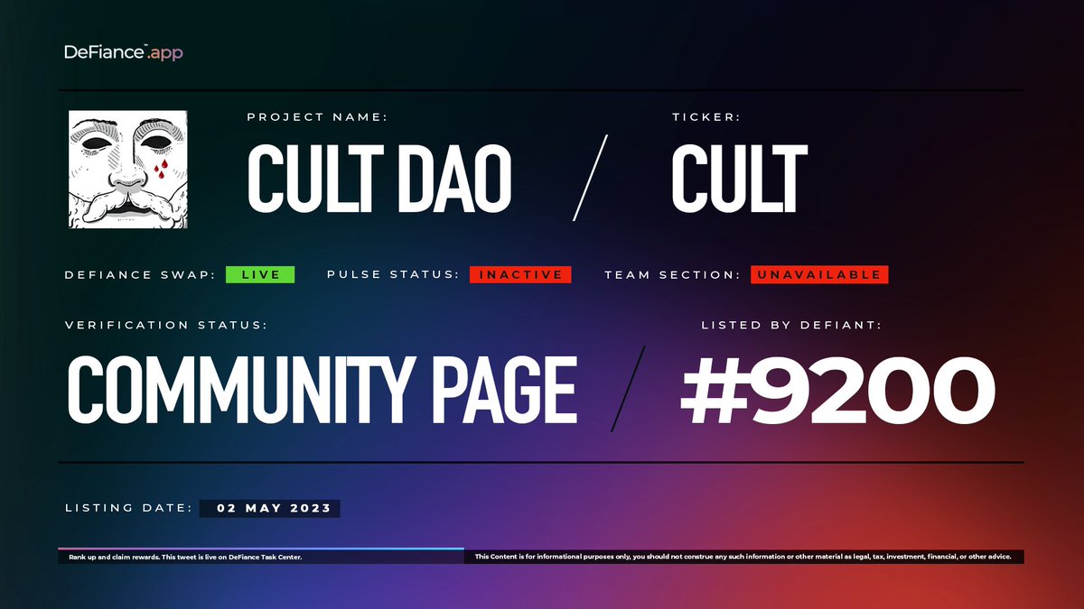 DeFiance_App's tweet photo. .@wearecultdao community page is now live on https://t.co/Edk0D2hBul.

$CULT is now listed on #DeFianceSwap.

The purpose of #CULT is to empower and fund those building and contributing towards our decentralized future. 

Learn more at https://t.co/Po9uikunCd.
#CULT #DeFianceApp https://t.co/Uty5yk6ZmL