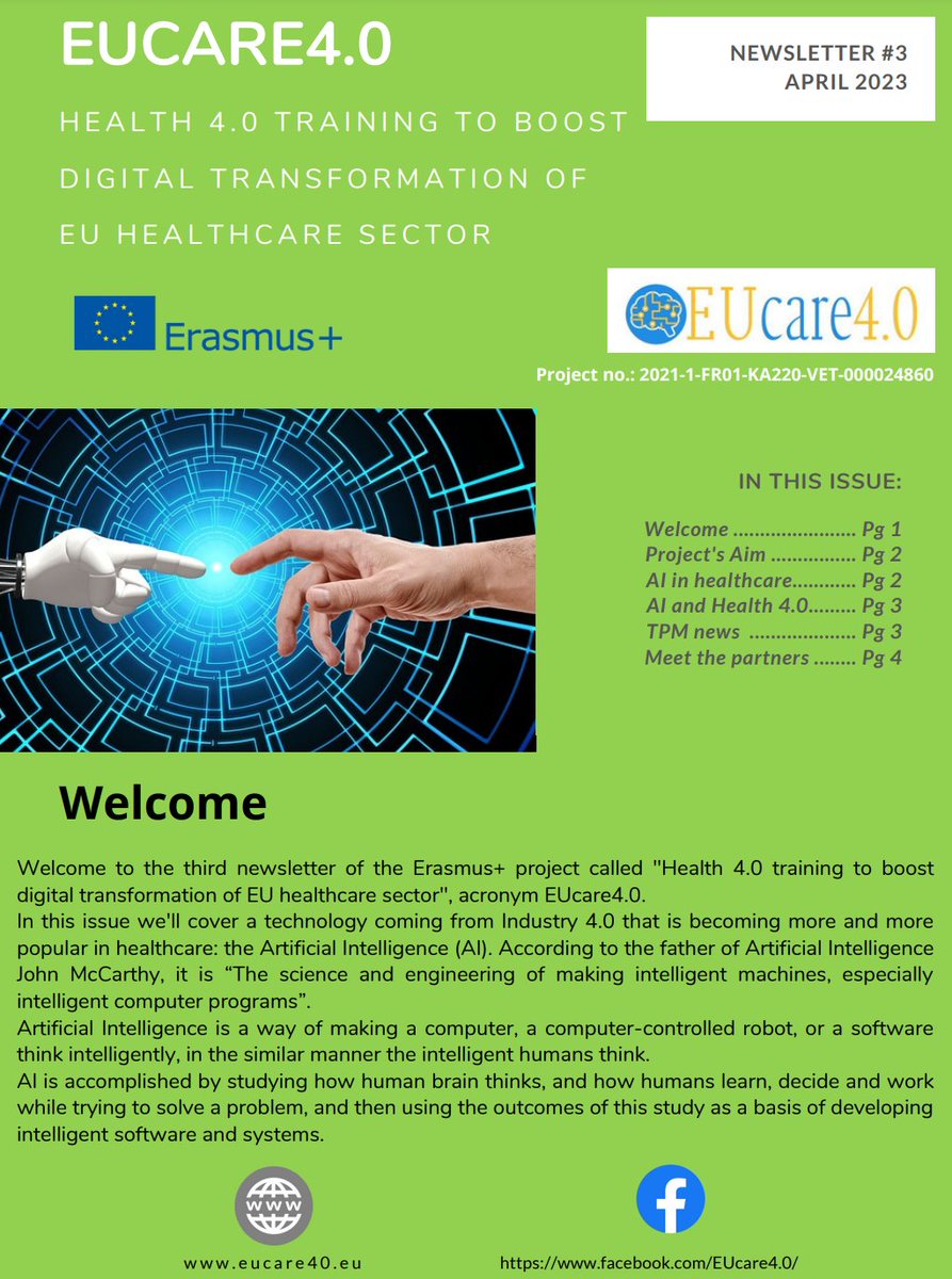 Eucare40's tweet photo. The 3rd Newsletter of the Erasmus+ project ”EUcare4.0 - Health 4.0 training to boost digital transformation of EU healthcare sector” is available on 
https://t.co/imPyxQXwJf

#EUcare40 #Erasmus+ #Health40 #ludorprojects https://t.co/YJui4rPqV8